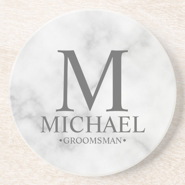 Dessous De Verre En Grès Marbre Monogramme personnalisé et nom Groomsman (Devant)