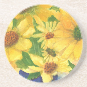 Dessous De Verre En Grès marguerites jaunes dans vase bleu
