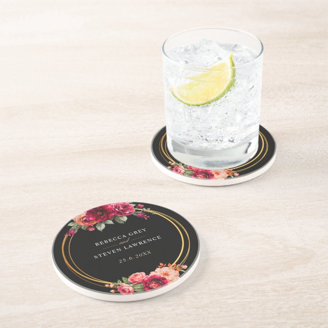 Dessous De Verre En Grès Mariage à fleurs noir rouge chic (Côté)