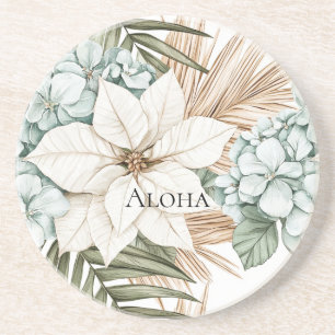 Dessous De Verre En Grès Mariage Fleurs Blanches Bleues Tropicales