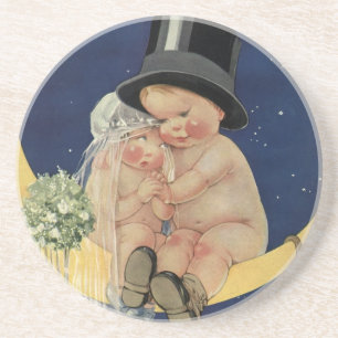 Dessous De Verre En Grès Mariage Vintage, joli marié et mariée sur une Lune