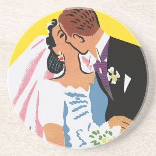 Dessous De Verre En Grès Mariage Vintage, Mariés s'embrassant
