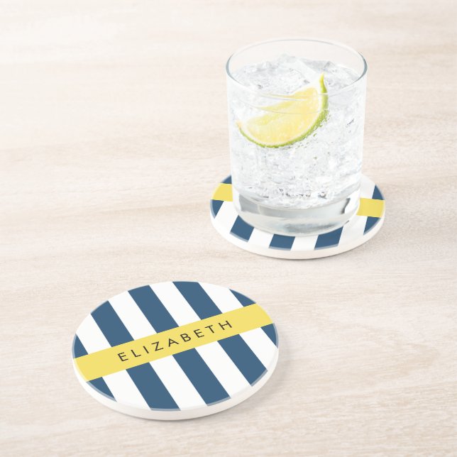 Dessous De Verre En Grès Marine Blue Stripes, Motif rayé, Votre nom (Côté)