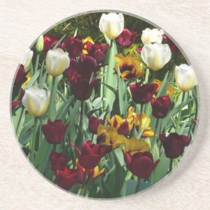 Dessous De Verre En Grès Maroon et Tulipes Jaunes Florales colorées