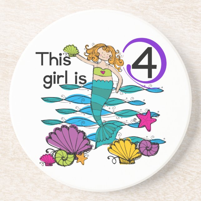 Dessous De Verre En Grès Mermaid 4th Birthday Tshirts and Gifts (Devant)