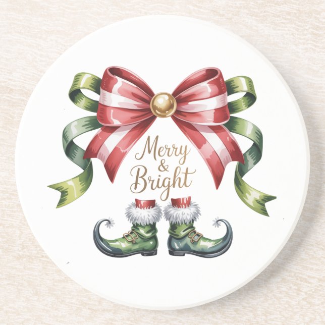 Dessous De Verre En Grès Merry & Bright Christmas Bow & Elf Shoes Coaster (Devant)
