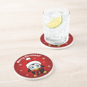 Dessous De Verre En Grès Mignon Manchot Avec Chapeau De Père Noël