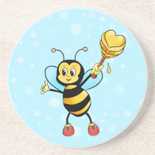 Dessous De Verre En Grès Mignonne abeille à miel et cœur sur bleu clair