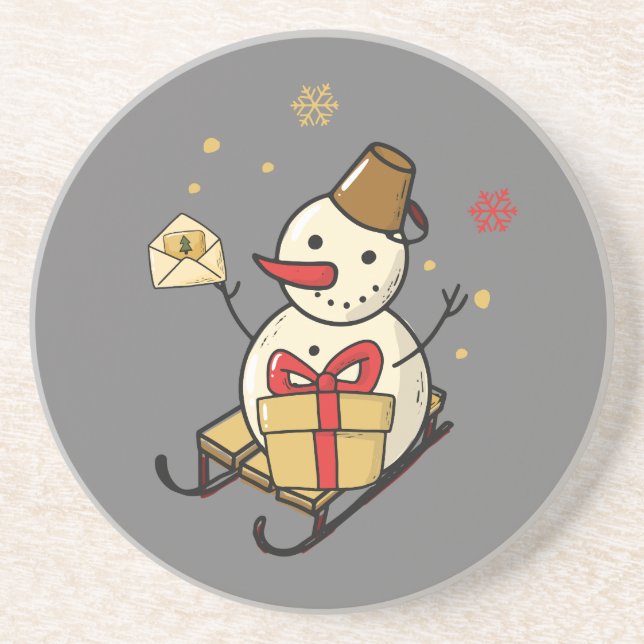 Dessous De Verre En Grès Mignonne Snowman Sur Un Motoneige (Devant)