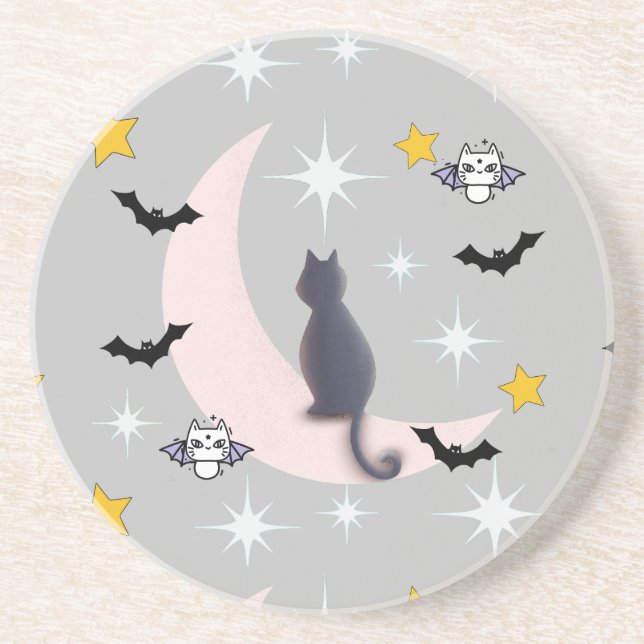 Dessous De Verre En Grès Mikitiez chat noir chauve-souris halloween automne (Devant)