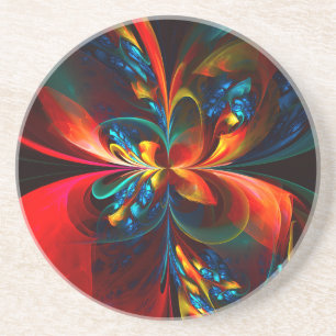 Dessous De Verre En Grès Moderne Floral Abstrait Art Orange Bleu Motif #14