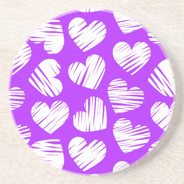 Dessous De Verre En Grès Moderne violet blanc Doodled Heart Valentine's Day (Devant)