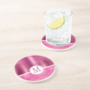 Dessous De Verre En Grès Monogramme brillant rose étincelant