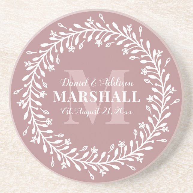 Dessous De Verre En Grès Monogramme de couronnes roses à deux jeunes mariés (Devant)
