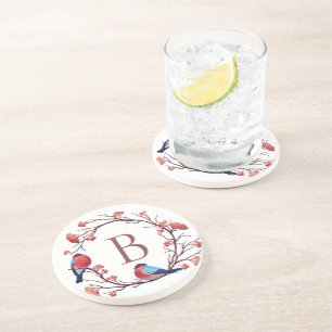 Dessous De Verre En Grès Monogramme de germe d'oiseaux et de baies