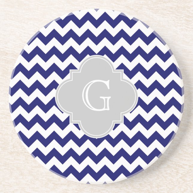 Dessous De Verre En Grès Monogramme de Quatrefoil gris de Chevron Navy (Devant)