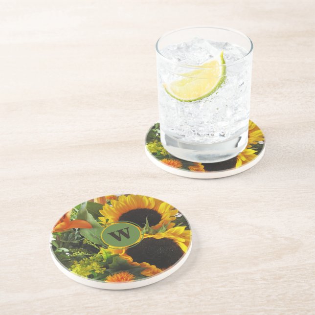 Dessous De Verre En Grès Monogramme encadré Beaux tournesols en grès (Côté)
