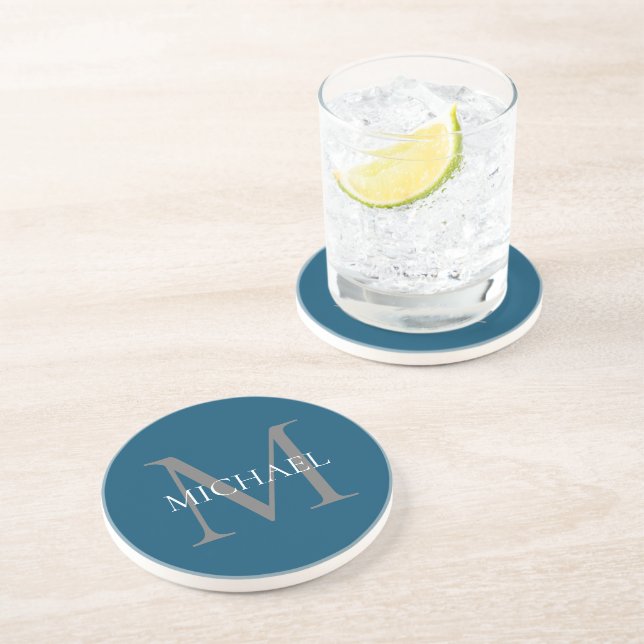 Dessous De Verre En Grès Monogramme et nom personnalisés Ocean Blue (Côté)