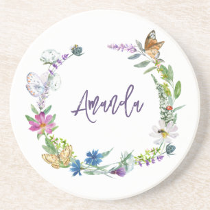 Dessous De Verre En Grès Monogramme Fleur sauvage aquarelle