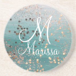 Dessous De Verre En Grès Monogramme Gold Stars sur Turquoise