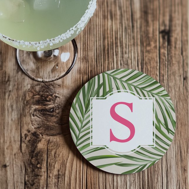 Dessous De Verre En Grès Monogramme Initiale Feuilles de Palmier Vert Rose  (Créateur téléchargé)