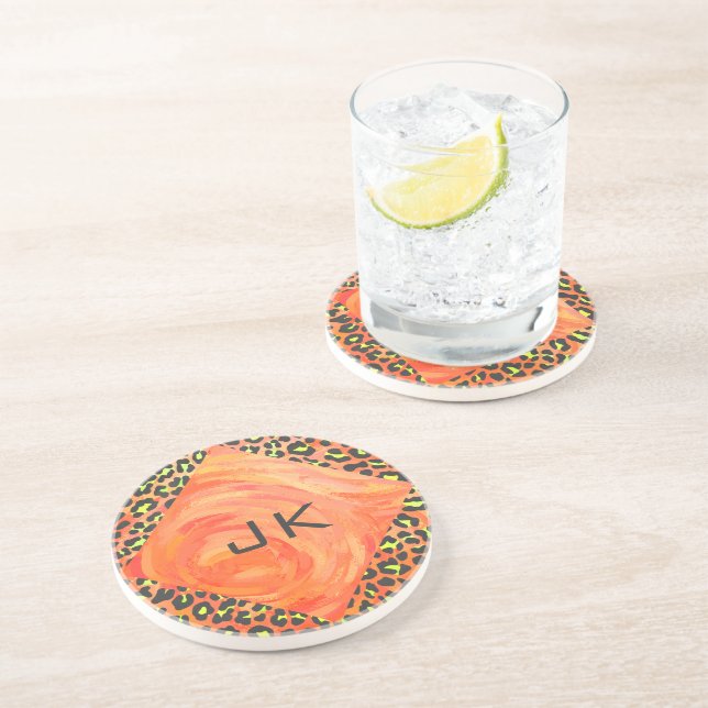 Dessous De Verre En Grès Monogramme léopard orange et jaune (Côté)