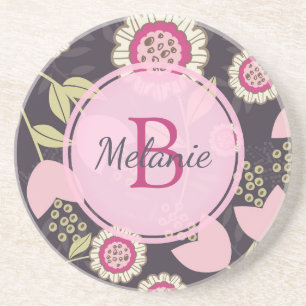 Dessous De Verre En Grès Monogramme Motif de grande tulipe rose