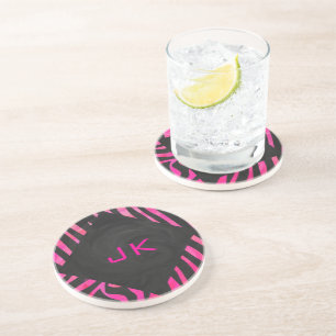 Dessous De Verre En Grès Monogramme noir et rose chaud Zebra Design