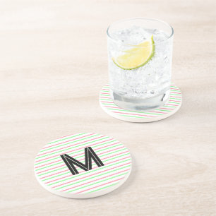 Dessous De Verre En Grès Monogramme noir rose vert rayures blanches