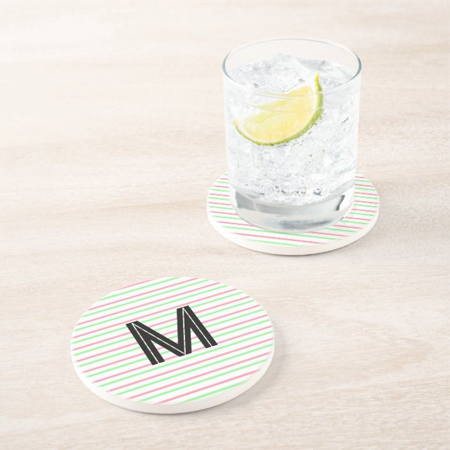 Dessous De Verre En Grès Monogramme noir rose vert rayures blanches (Côté)