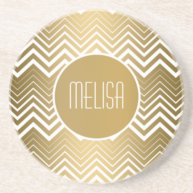 Dessous De Verre En Grès Monogramme Or Et Blanc Zigzag Chevron (Devant)