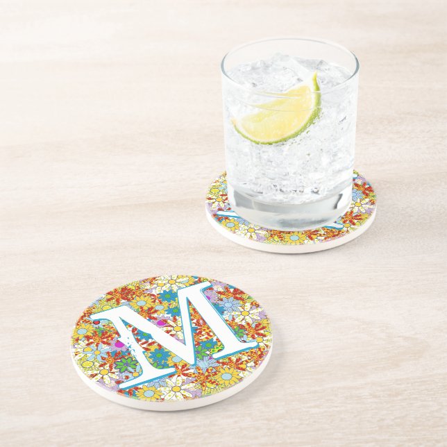 Dessous De Verre En Grès Monogramme ou nom personnalisé Motif floral (Côté)