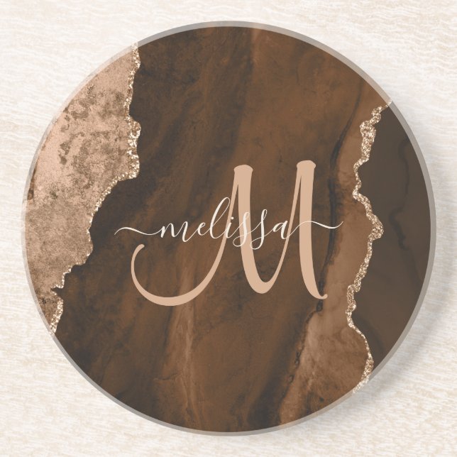 Dessous De Verre En Grès Monogramme personnalisé Brown chic Parties scintil (Devant)
