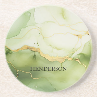 Dessous De Verre En Grès Monogramme personnalisé moderne Sage vert et or