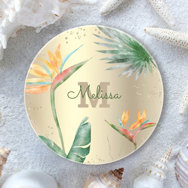 Dessous De Verre En Grès Monogramme Tropical Gold Foil Folial Foliage (Créateur téléchargé)