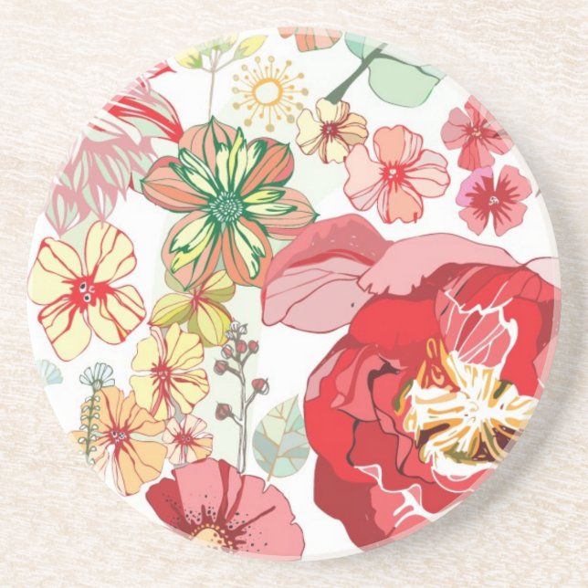 Dessous De Verre En Grès Motif avec les fleurs rouges (Devant)