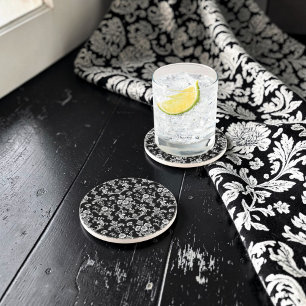 Dessous De Verre En Grès Motif damassé noir et blanc victorien