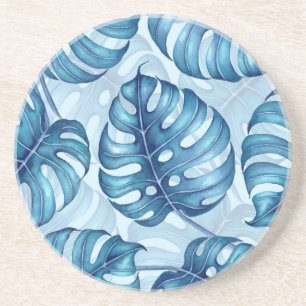 Dessous De Verre En Grès Motif d'aquarelle Monstera bleu