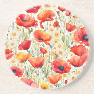 Dessous De Verre En Grès Motif d'aquarelle Vibrant Poppies et maries
