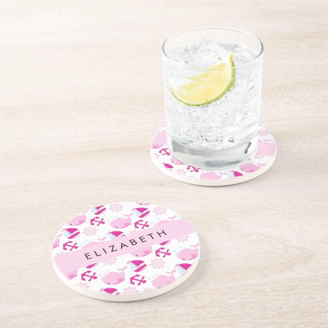 Dessous De Verre En Grès Motif De Baleines, Baleines Roses, Votre Nom (Côté)