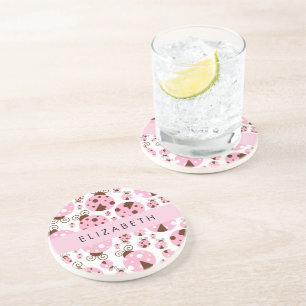 Dessous De Verre En Grès Motif De Ladybugs, Ladybugs Rose, Votre Nom