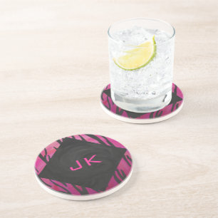 Dessous De Verre En Grès Motif d'impression monogramme rose et noir