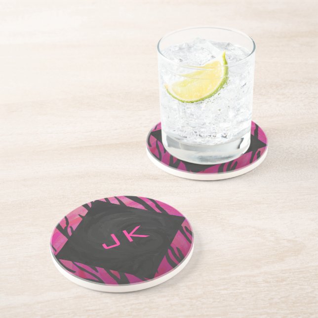 Dessous De Verre En Grès Motif d'impression monogramme rose et noir (Côté)