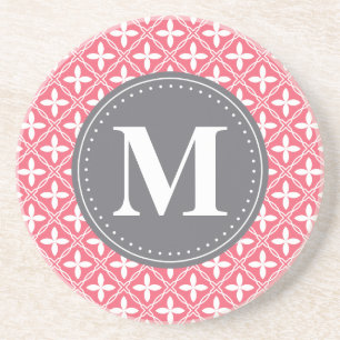 Dessous De Verre En Grès Motif en treillis fleuri rose monogramme