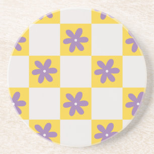 Dessous De Verre En Grès Motif floral à damier jaune – Marguerite violette