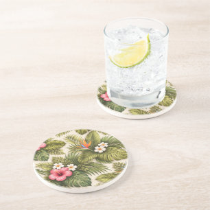 Dessous De Verre En Grès Motif floral tropical – Hibiscus, Monstera 