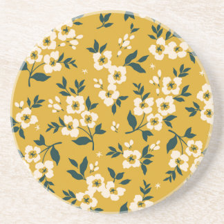 Dessous De Verre En Grès motif floral vintage, petites fleurs blanches.