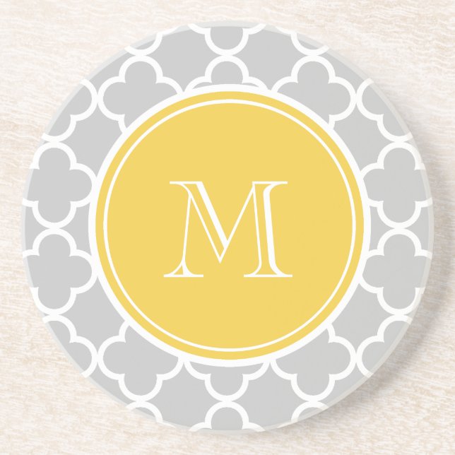Dessous De Verre En Grès Motif Quatrefoil gris, Monogramme jaune (Devant)