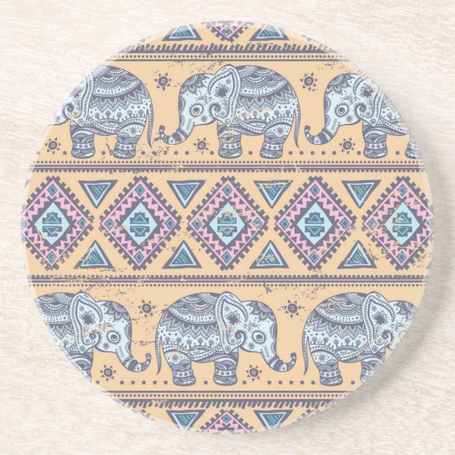 Dessous De Verre En Grès Motif tribal Blue Ethnic Elephant (Devant)