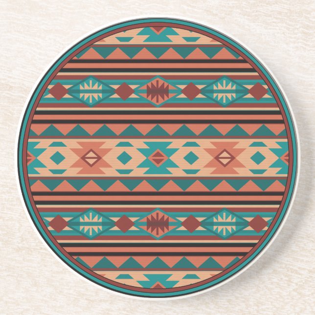 Dessous De Verre En Grès Motif Tribal Sud-Ouest Turquoise Terracotta (Devant)